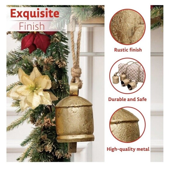 Rustic Tin Metal Cow Bells on Rope Wooden Clapper Christmas Decoration NEW!! - Picture 6 of 11